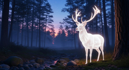 White deer in the forest at night. 3D Rendering.の素材