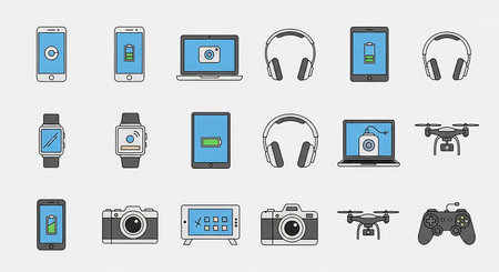 Smartphone, tablet, camera, headphones and video camera icon setの素材