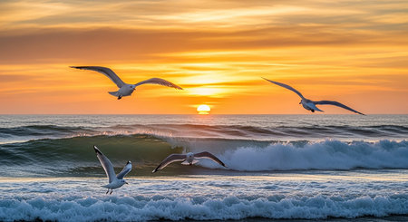 Seagulls flying over the sea at sunset. Beautiful seascape.の素材