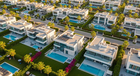 Aerial view of beautiful luxury villa with swimming pool and green lawnの素材