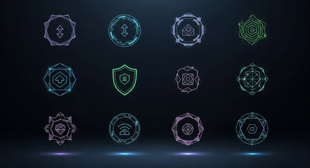 Cyber security icons set. Futuristic cyber protection vector illustration.の素材