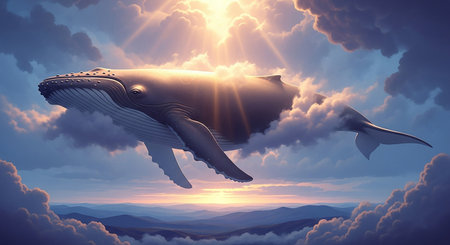 Humpback whale in the sky. 3D rendered illustration.の素材