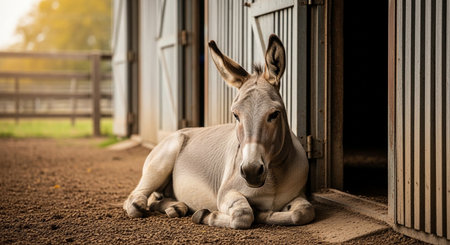 Donkey in a stable on a sunny day. Selective focus.の素材