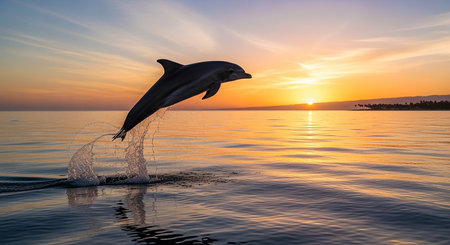 Dolphin jumping out of the water at sunset. 3d renderingの素材