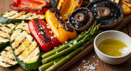 Grilled vegetables on cutting board. Vegetarian food. Healthy eating concept.の素材