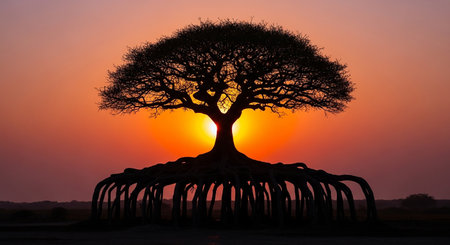 African tree silhouette at sunset in Namibia, Africa. 3D renderingの素材