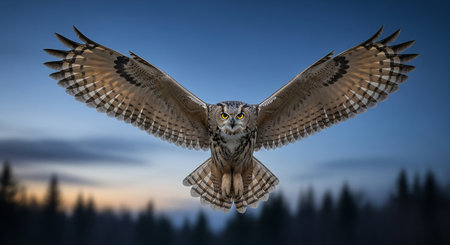 Eurasian Eagle Owl (Bubo bubo) flying in the skyの素材