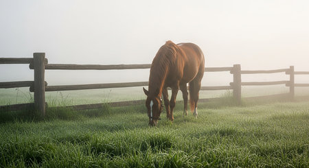 Horse grazing in a meadow in the morning mist, with a wooden fenceの素材