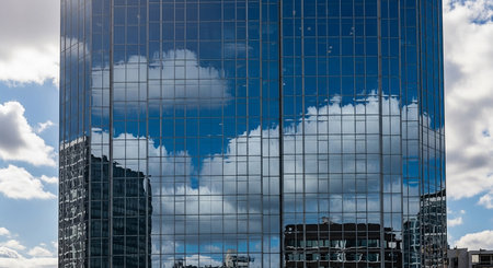 Reflection of sky and buildings in glass windows of modern office buildingの素材
