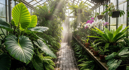 Greenhouse with orchids and other plants in the sunlight.の素材