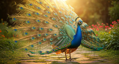 Beautiful peacock with feathers out walking in the park at sunsetの素材