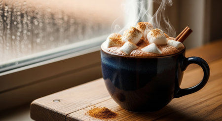 Cup of hot chocolate with marshmallow and cinnamon on the windowsillの素材