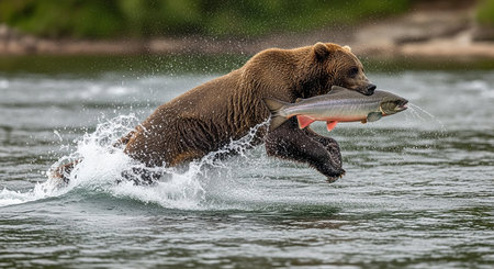 Grizzly bear chasing a salmon in the river. Kamchatkaの素材