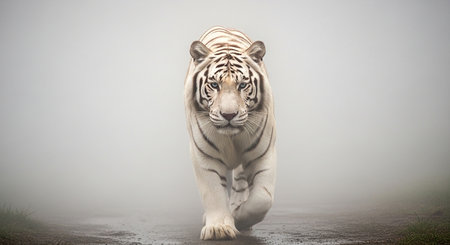 White tiger walking on the road in foggy day - 3d renderの素材