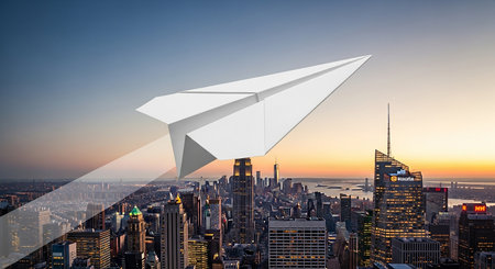 Paper plane flying over New York city at sunset. 3D renderingの素材