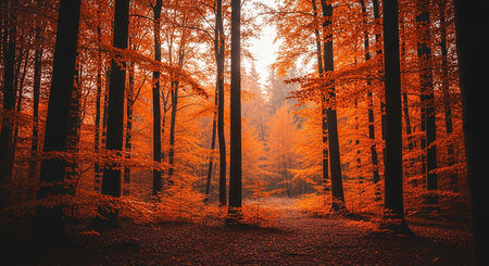 Autumn forest. Beautiful nature scene with sun rays through trees.の素材