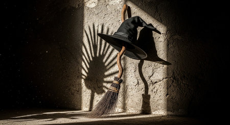 Halloween witch's hat and broom in dark room with shadow.の素材