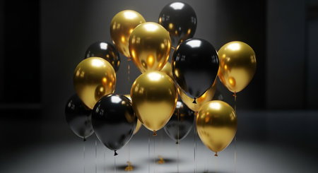Black and Gold Balloons Flying in Dark Room. 3D Renderの素材