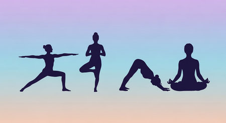 Silhouettes of people practicing yoga on a colored background. Vector illustration.の素材
