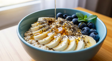 Healthy breakfast bowl with oatmeal, banana, blueberries and honeyの素材