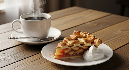 Cup of coffee and piece of tasty apple pie on wooden tableの素材