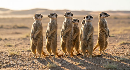 Group of meerkats standing in a row, Kalahari desert, South Africaの素材