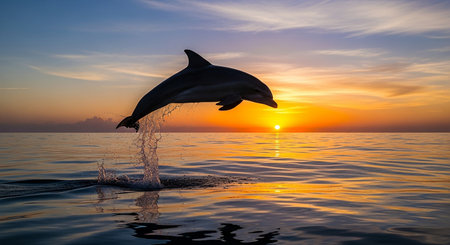 Dolphins jumping out of the water at sunset. Beautiful nature backgroundの素材