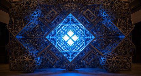 3d illustration of abstract geometric shape in blue neon light. 3d renderingの素材