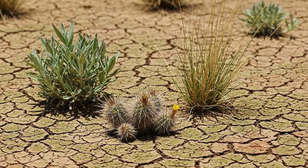 Cactuses growing on dry cracked earth in Namib desert, Namibiaの素材