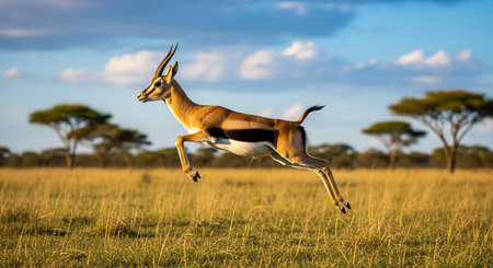 Springbok (Aepyceros melampus) jumping in Serengeti National Park, Tanzaniaの素材