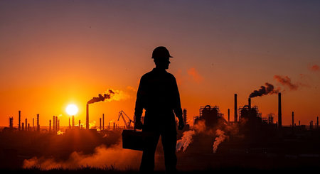 Silhouette of a worker in front of a refinery at sunsetの素材