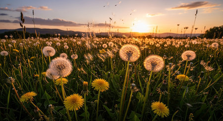 Beautiful dandelions on a meadow at sunset. Nature backgroundの素材