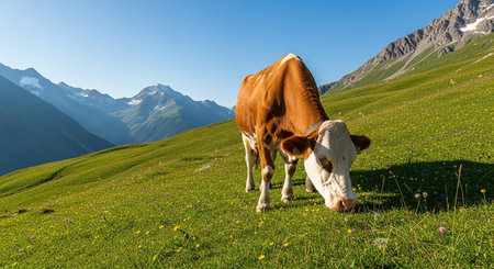 Cow grazing in a meadow in the mountains of the Swiss Alpsの素材