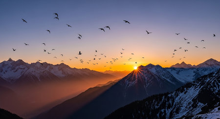 Sunset in the mountains with flying birds. Caucasus, Georgia.の素材