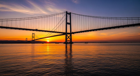 The 25 de Abril Bridge at sunset, Lisbon, Portugalの素材