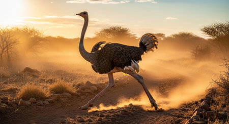 Ostrich walking in the desert at sunset, Namibia.の素材