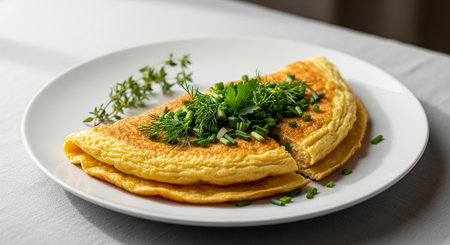 Omelet with herbs on a white plate on a white tableの素材