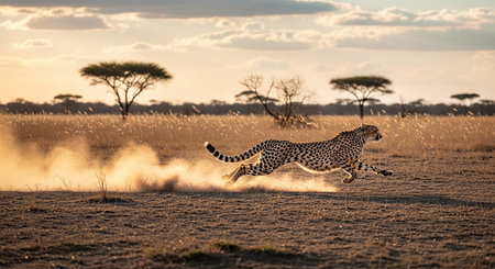 Cheetah running in the savannah at sunset, Namibiaの素材
