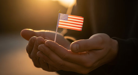 Human hand holding United States of America flag in the sunset light.の素材
