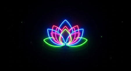 Neon lotus flower glowing on black background. 3d renderingの素材