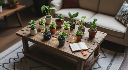 Plants in pots on a wooden table. Cozy living room.の素材