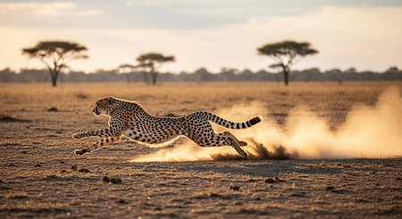 Cheetah running in dust at sunset in Serengeti National Park, Tanzaniaの素材