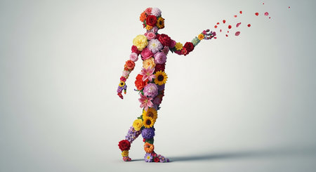 Silhouette of a man made of flowers. 3d renderingの素材