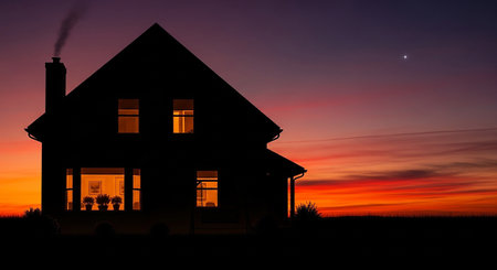 Silhouette of a house at sunset with the moon in the skyの素材