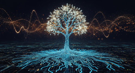3D rendering of abstract digital tree made of binary code on dark backgroundの素材