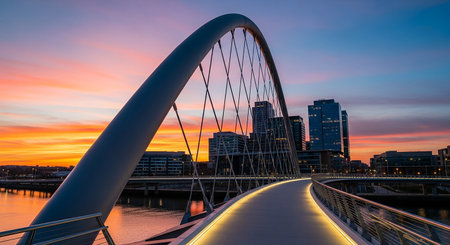 Sunset view of the modern bridge in Rotterdam, Netherlandsの素材