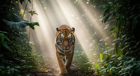Tiger walking in the jungle with sunlight. (Panthera tigris altaica)の素材