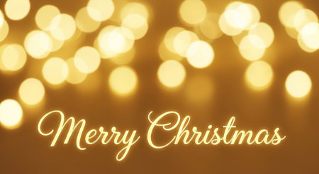 Merry Christmas greeting card with bokeh lights on yellow backgroundの素材