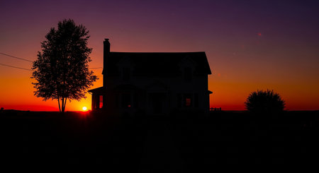 Sunset in the countryside with the silhouette of a house and treesの素材