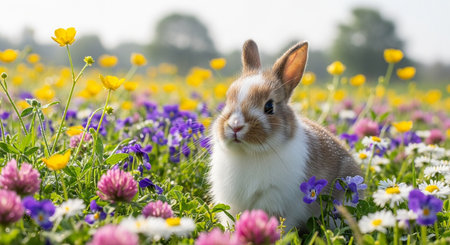 Rabbit and spring flowers in the meadow. Easter background.の素材